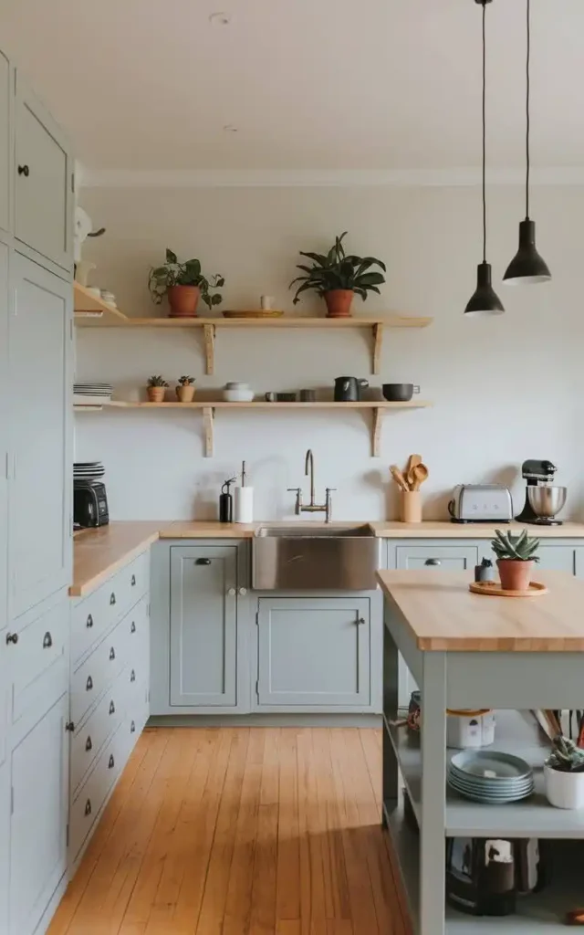 matte grey kitchen cabinets with wooden countertops and open shelving