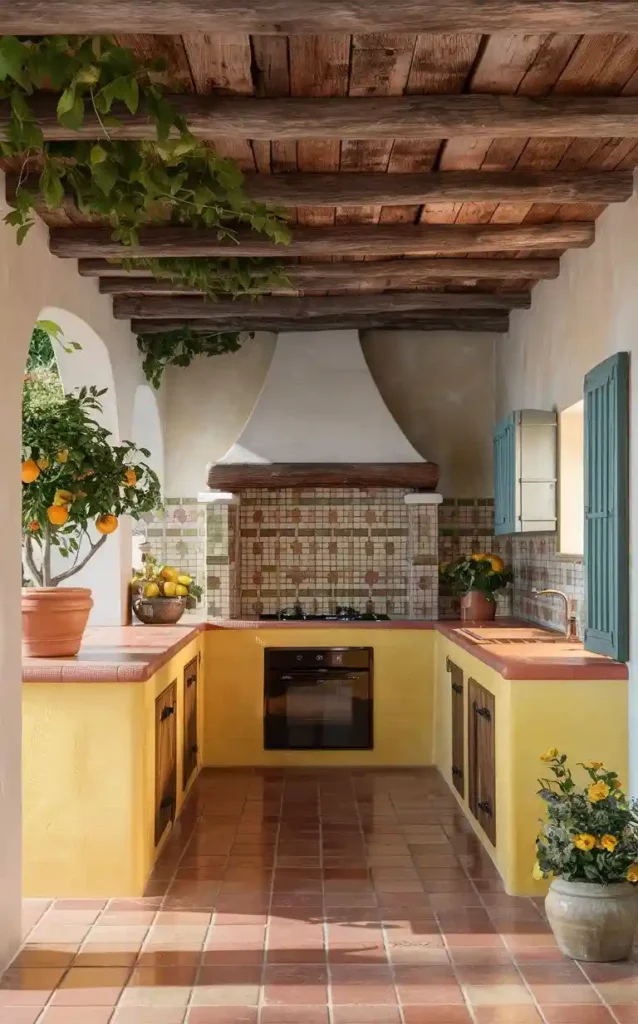 A Mediterranean-style outdoor kitchen with terracotta tiles, wooden beams, and potted citrus trees.