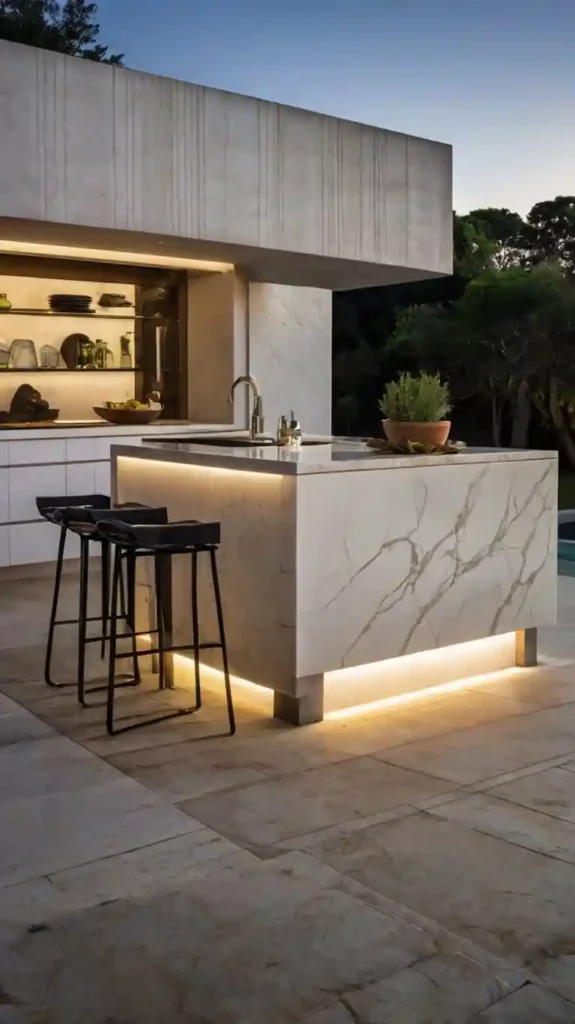 Minimalist outdoor kitchen with marble island, under-counter lighting, bar stools, and sleek faucet, offering a modern and elegant design.