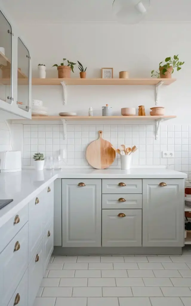 minimalist kitchen with light grey cabinets and open wooden shelving