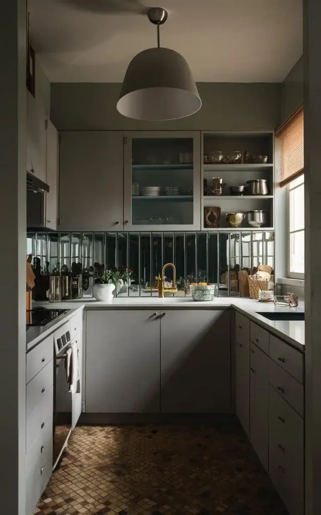 A kitchen with a mirrored backsplash, modern fixtures, and stylish cabinetry.