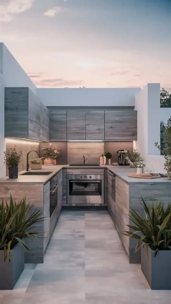 A modern minimalist outdoor kitchen featuring sleek cabinetry, clean lines, and potted plants.