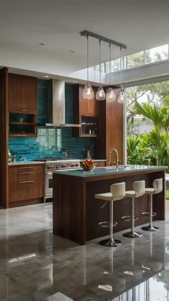 Modern outdoor kitchen with wooden cabinets, glass backsplash, large windows, island with bar stools, and pendant lights for a sleek design.