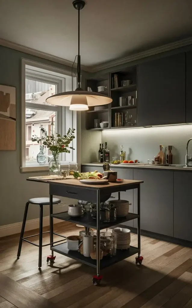 A multi-functional kitchen island with a wooden top, storage shelves, and a sleek design.