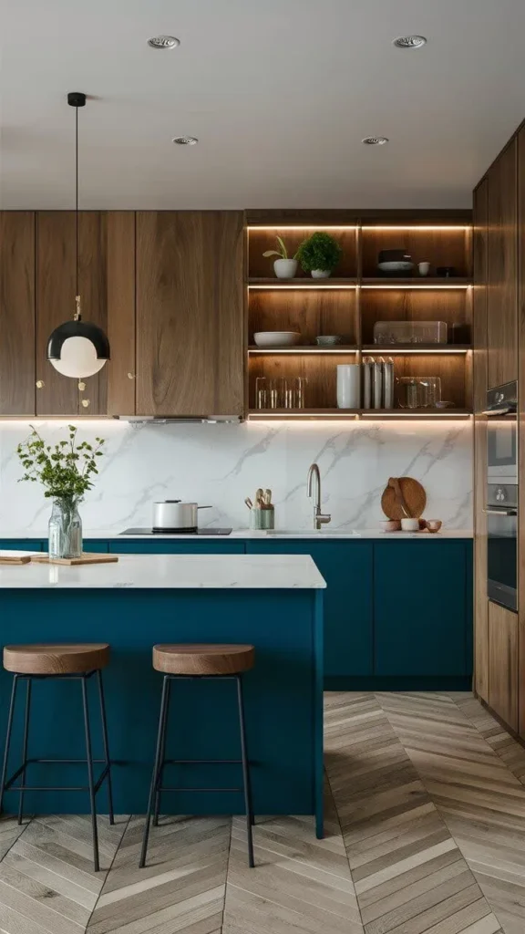 Muted teal kitchen with wooden accents and modern lighting.