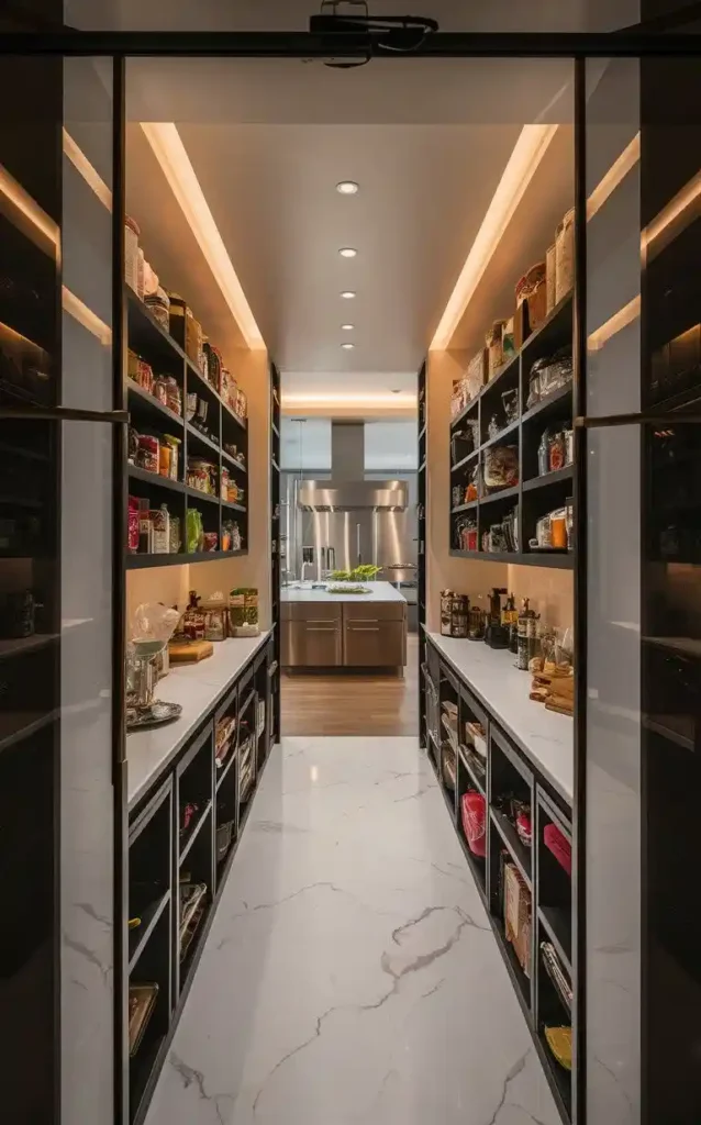 Maximize your kitchen efficiency with a narrow countertop in the pantry, offering additional workspace for meal prep and organization.