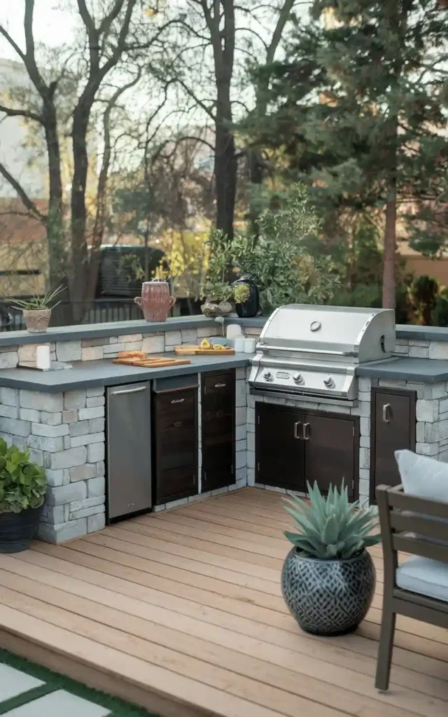 Outdoor kitchen showcases a stunning combination of natural stone and wood elements, creating a harmonious and inviting cooking space surrounded by nature.