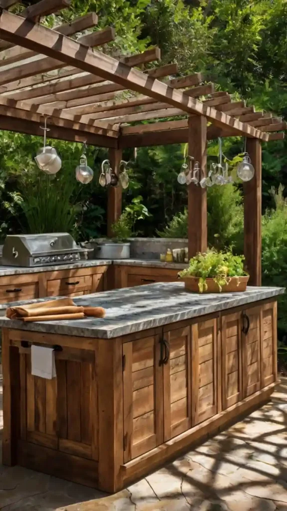 Outdoor kitchen with natural wood cabinets, stone countertops, hanging utensils, and a wooden pergola for a rustic and charming design.