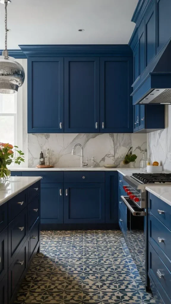 Navy blue kitchen with marble backsplash and patterned floor tiles.