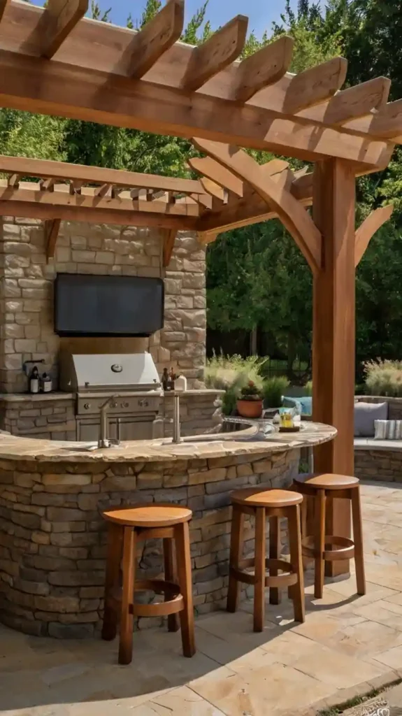 Outdoor kitchen with stone island, wooden pergola, built-in grill, and bar stools, creating an open and inviting layout for outdoor dining.