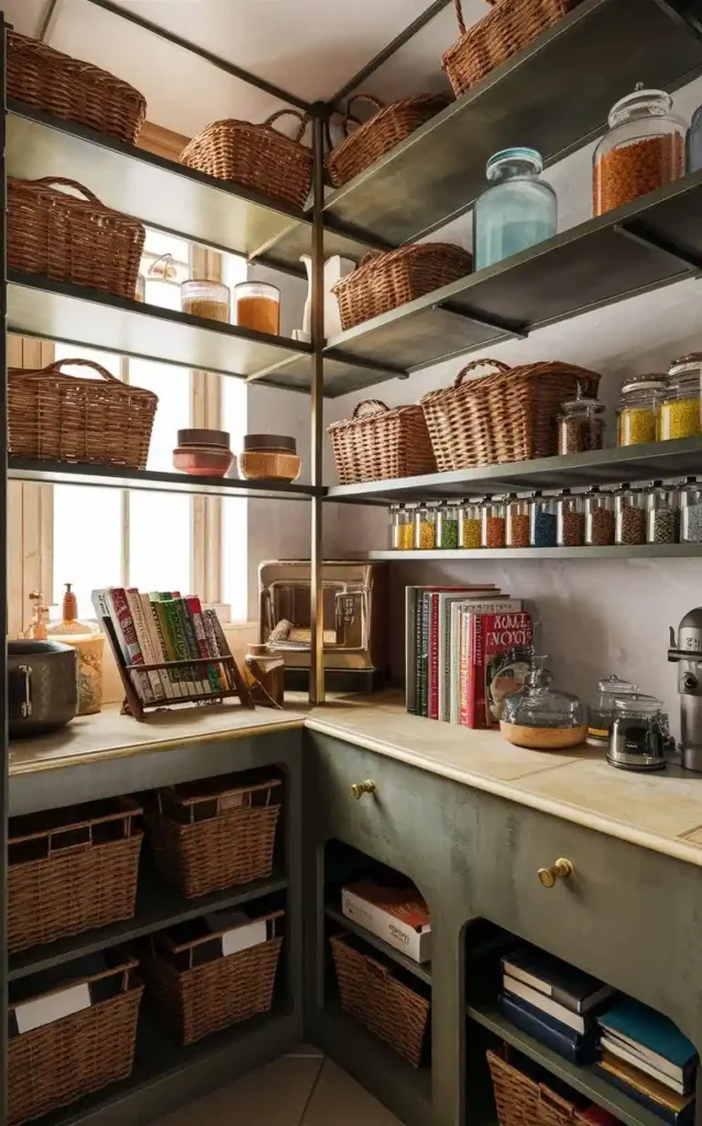 Utilize open shelving in your pantry for easy access to ingredients, utensils, and organized storage.