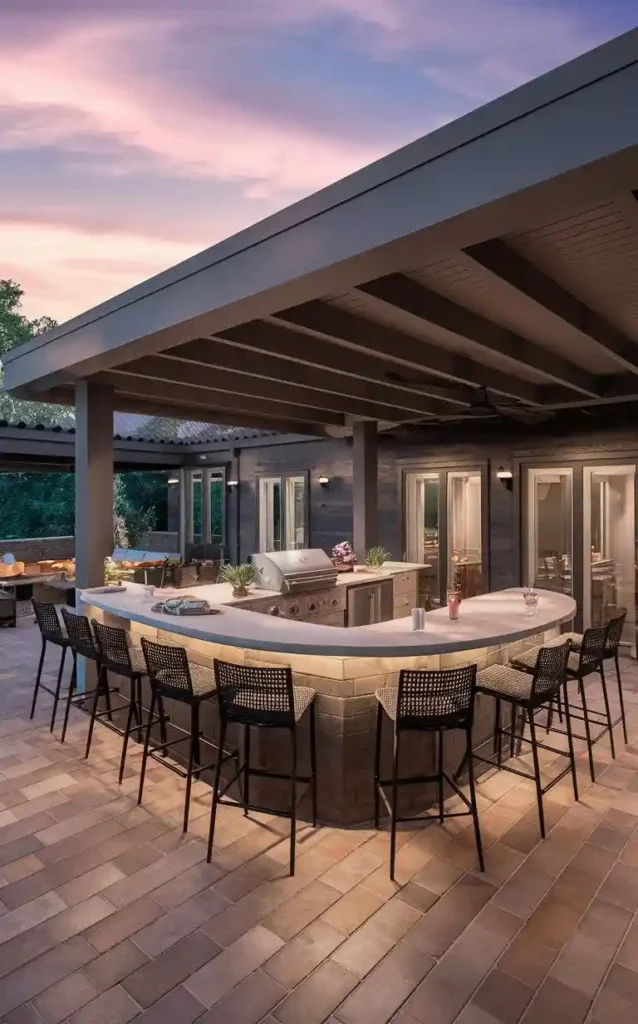 An outdoor kitchen and bar combo with a curved counter, grill, and seating area under a covered patio.