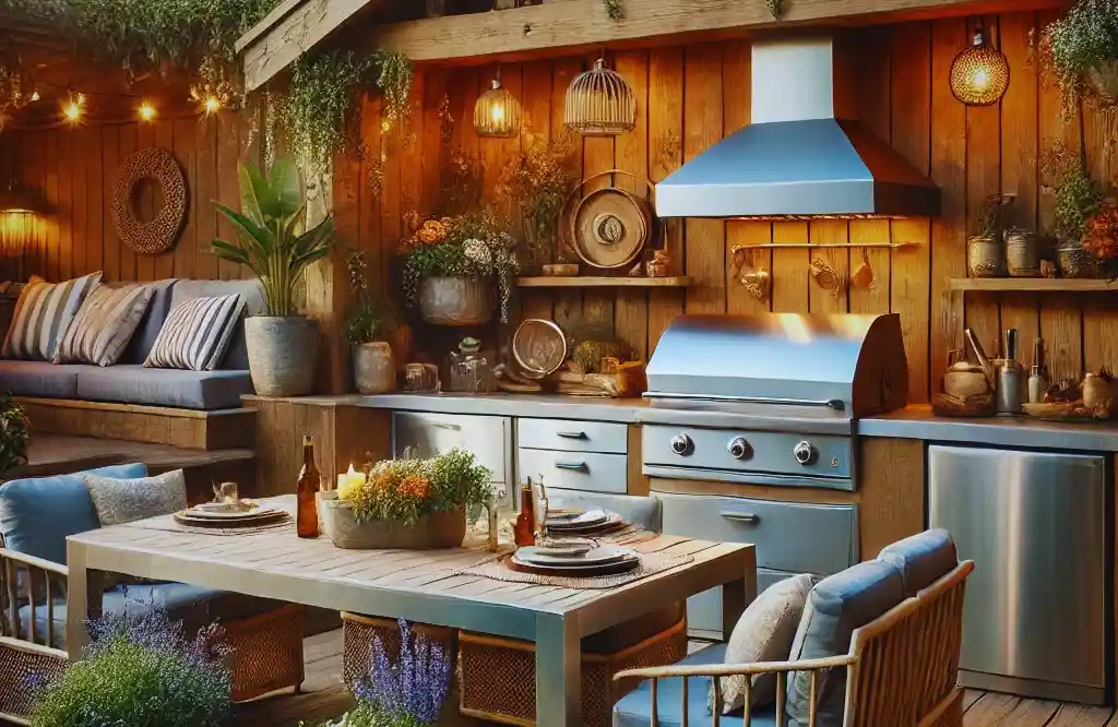 Outdoor kitchen featuring aluminum cabinets, stainless steel grill, wooden accents, and cozy seating area.