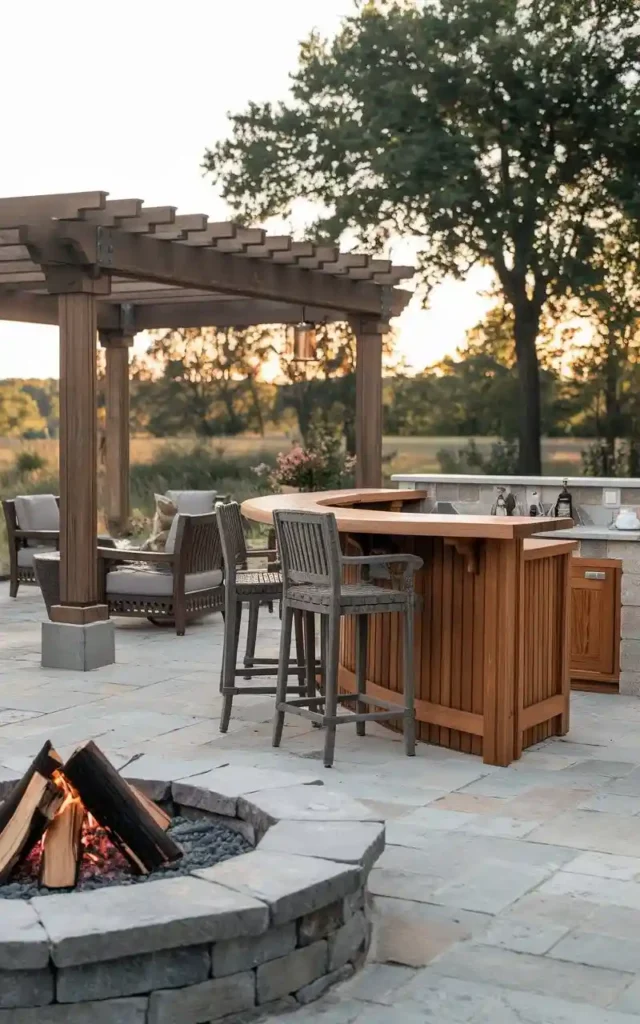 Outdoor kitchen with a wooden bar, pergola, fire pit, and bar stools, creating a cozy and social space for outdoor gatherings.