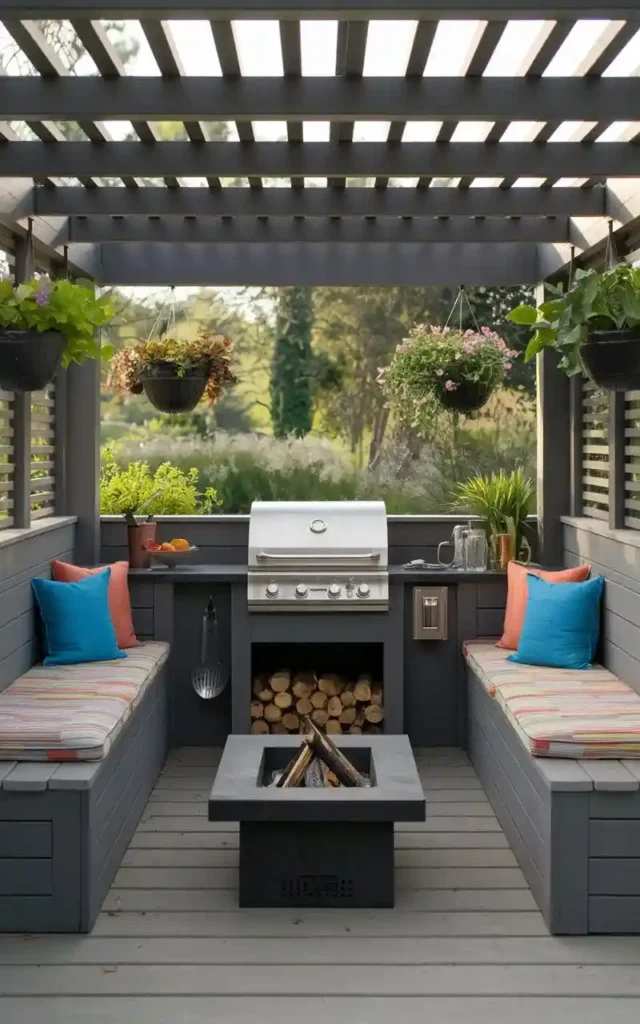 Outdoor kitchen with built-in seating, grill, fire pit, pergola, hanging plants, and colorful cushions, creating a cozy and functional space.