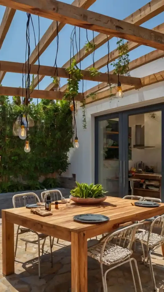 Outdoor kitchen with a wooden dining table, chairs, pergola, and hanging lights, creating a cozy and stylish dining area under the open sky.