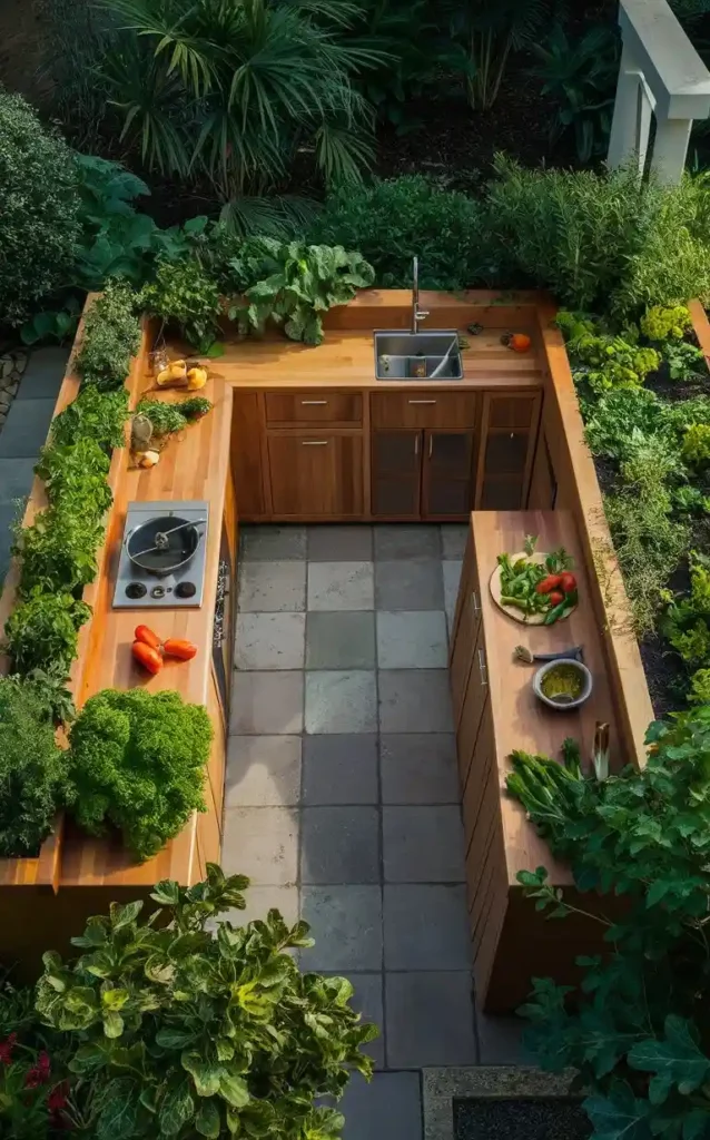 An outdoor kitchen integrated with a garden, featuring fresh vegetables, a sink, and a cooking area.