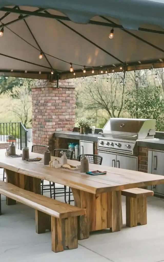 Outdoor kitchen with large wooden dining table, benches, stainless steel grill, and string lights, designed for entertaining and gatherings.