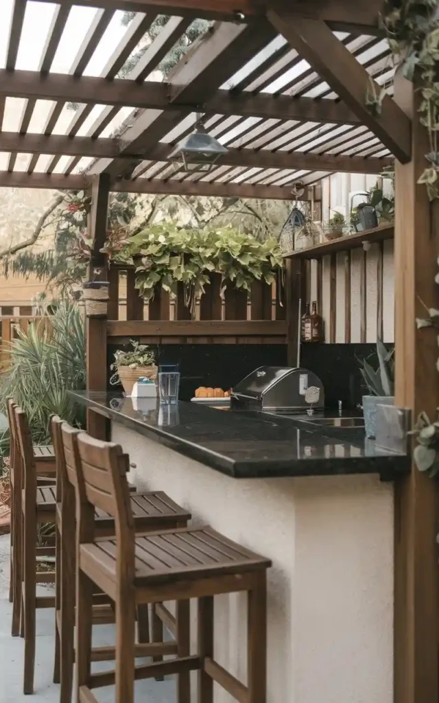 Outdoor kitchen with pergola, wooden bar stools, black granite countertop, built-in grill, and plants, creating a cozy, shaded cooking space.