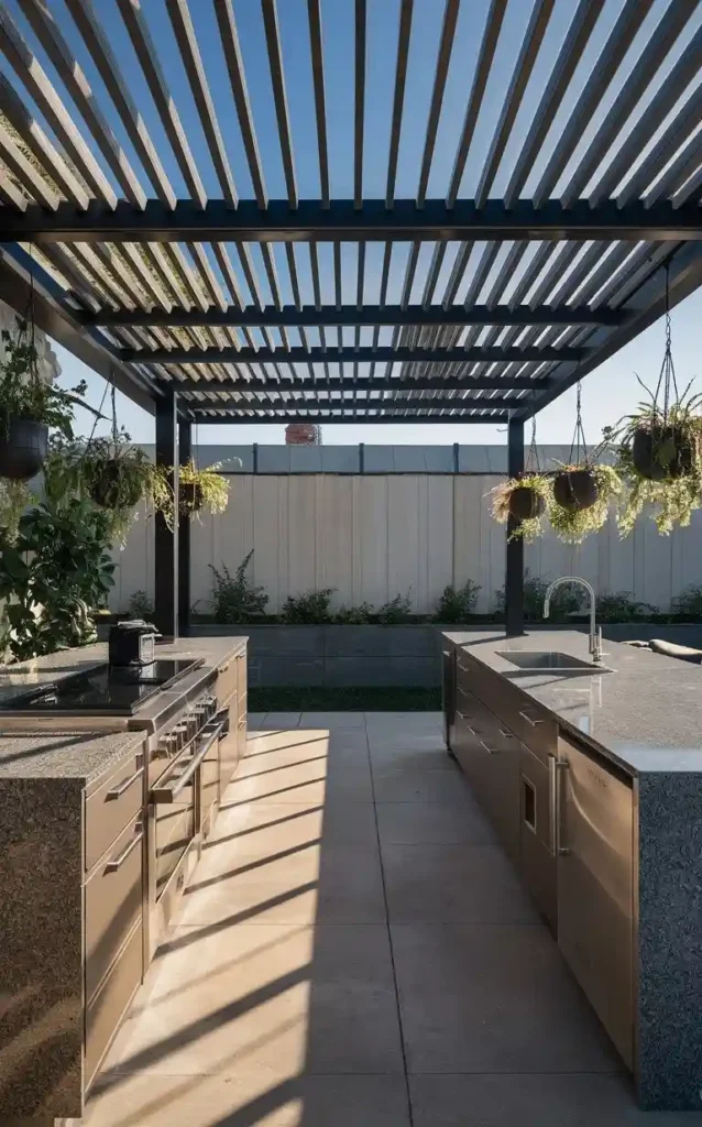 An outdoor kitchen with a pergola, featuring modern appliances and a granite countertop.