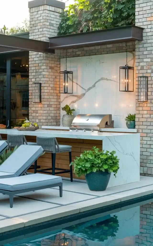 Poolside outdoor kitchen with marble countertops, stainless steel grill, bar seating, and modern lighting, creating a stylish and relaxing layout.