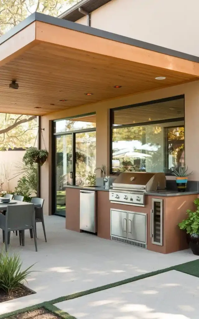 Outdoor kitchen with a roof extension, stainless steel grill, mini fridge, and dining area, offering a shaded, functional outdoor cooking space.