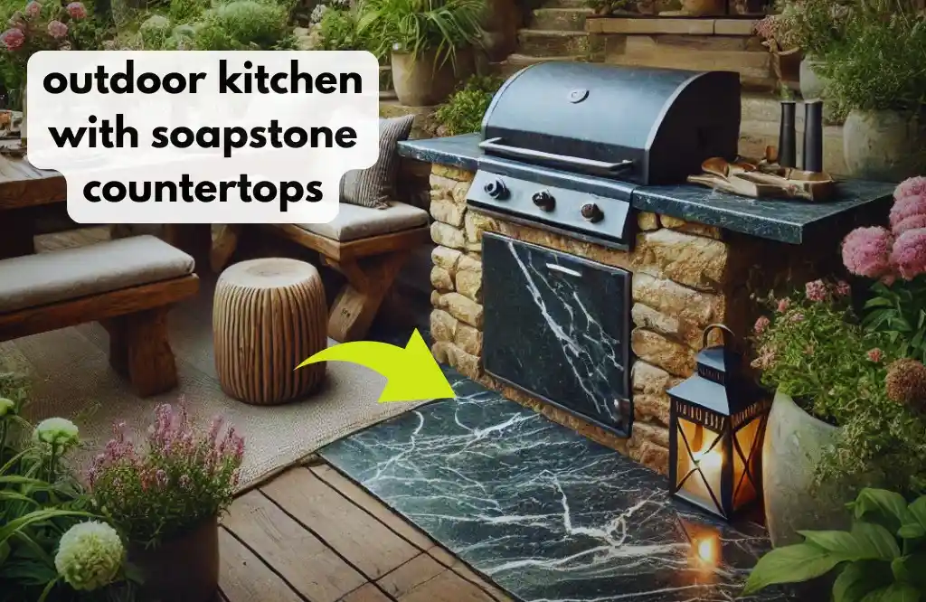 Outdoor kitchen with soapstone countertops, a built-in grill, and rustic stone base surrounded by greenery.