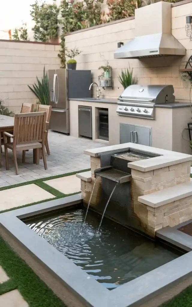 Outdoor kitchen with stainless steel grill, sink, dining area, and a water feature, creating a relaxing and stylish backyard setup.