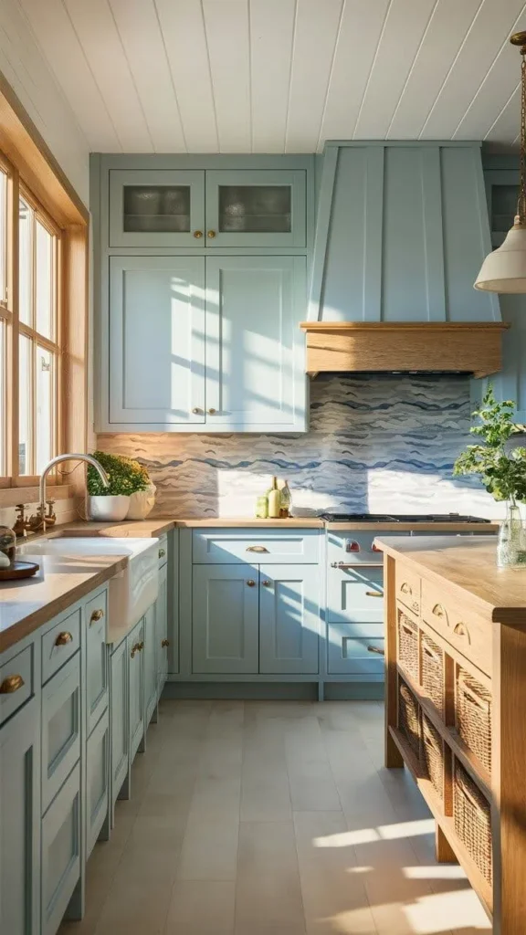 Pale blue kitchen with wooden accents and marble backsplash.