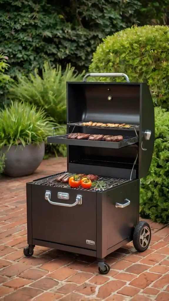 A portable BBQ grill with freestanding shelves, featuring wheels for easy movement and ample grilling space.