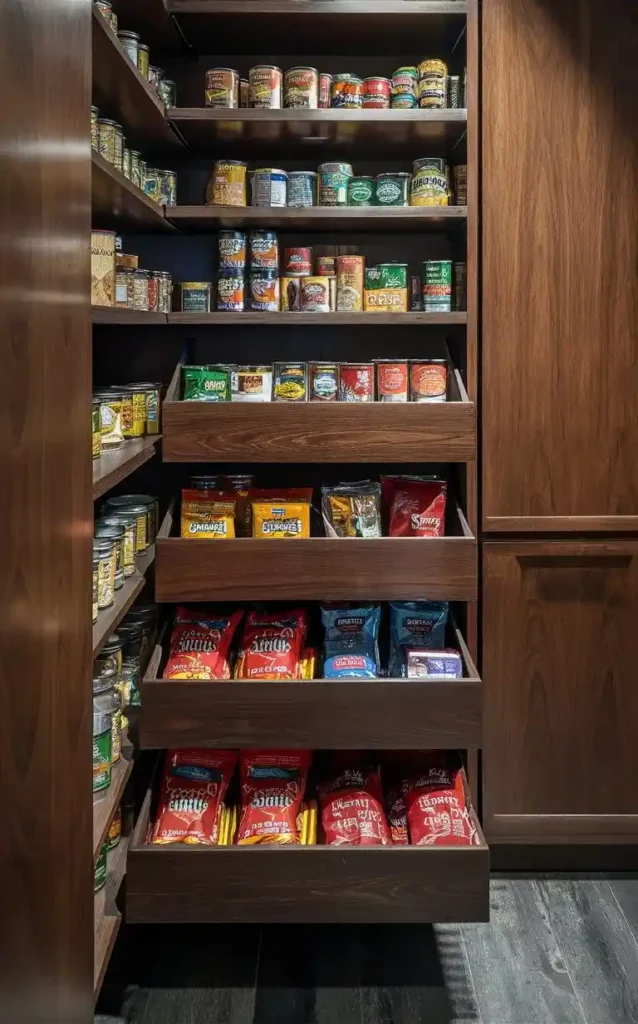 Maximize pantry organization with pull-out drawers that offer hidden storage for snacks and canned goods, keeping your kitchen tidy.