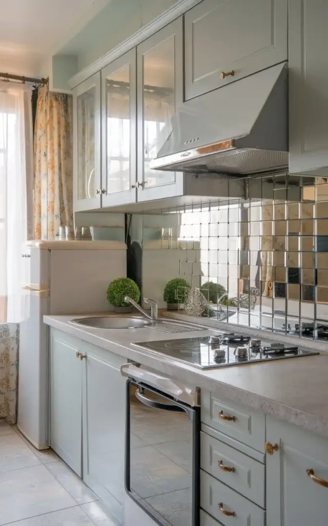 compact kitchen with reflective surfaces and light grey cabinets