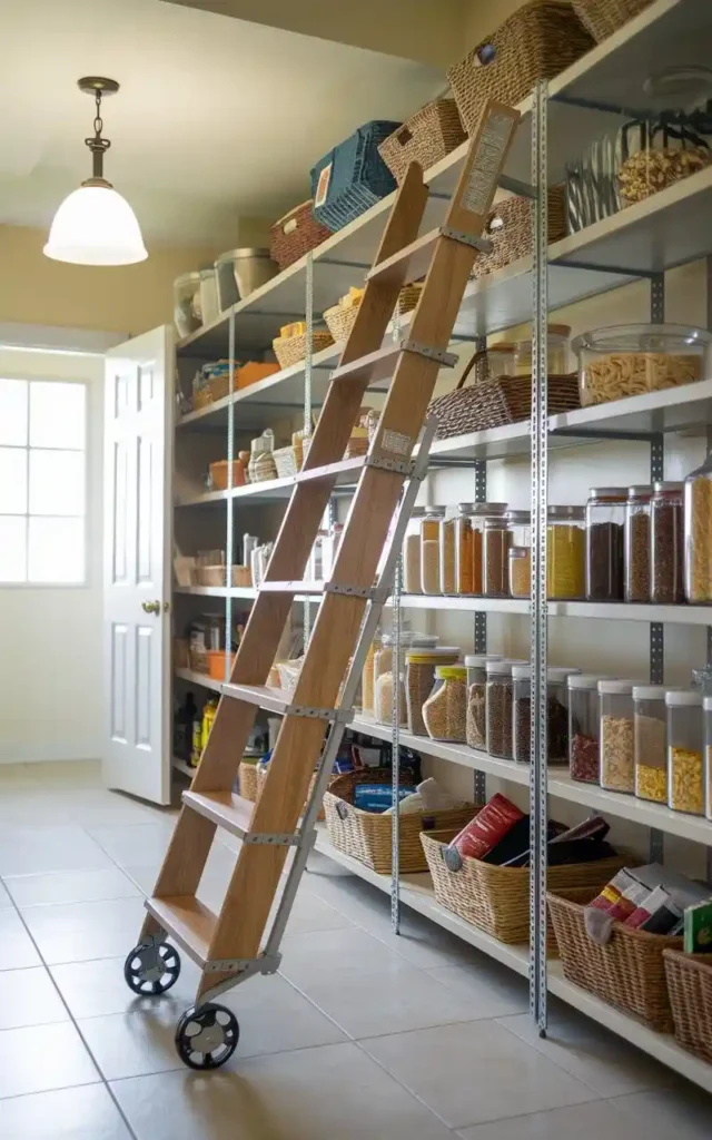 Rolling ladder in a pantry for easy access to tall shelves.