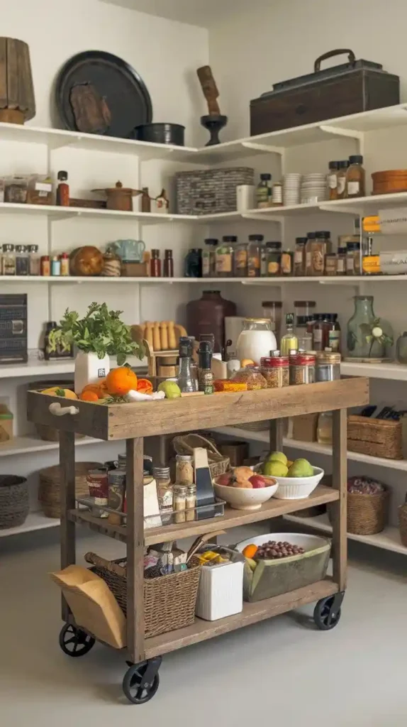 Enhance your kitchen versatility with a rolling pantry cart, perfect for storing and easily accessing spices, fruits, and more.