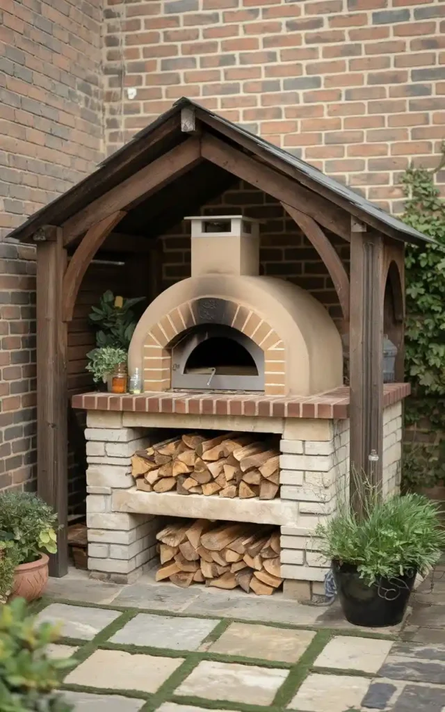 A rustic outdoor pizza oven with a brick and stone base, wood storage, and a charming wooden shelter.