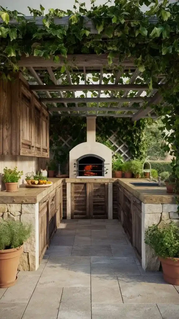 A rustic farmhouse outdoor kitchen with a stone countertop, wooden cabinets, and a built-in pizza oven.