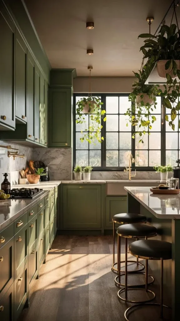 Sage green kitchen with natural light, hanging plants, and marble accents.