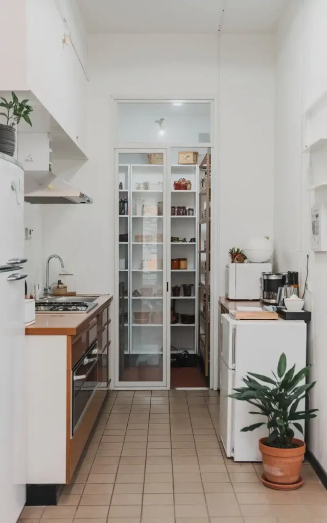 A kitchen with sliding glass doors leading to a pantry, featuring modern appliances and plants.