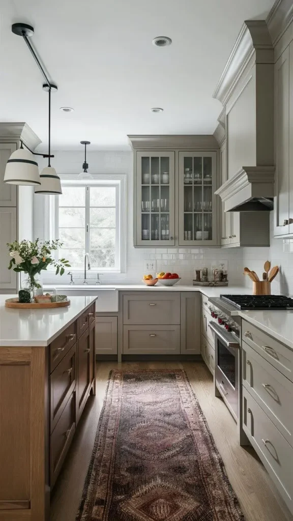 Modern kitchen with soft gray cabinets and a patterned rug.