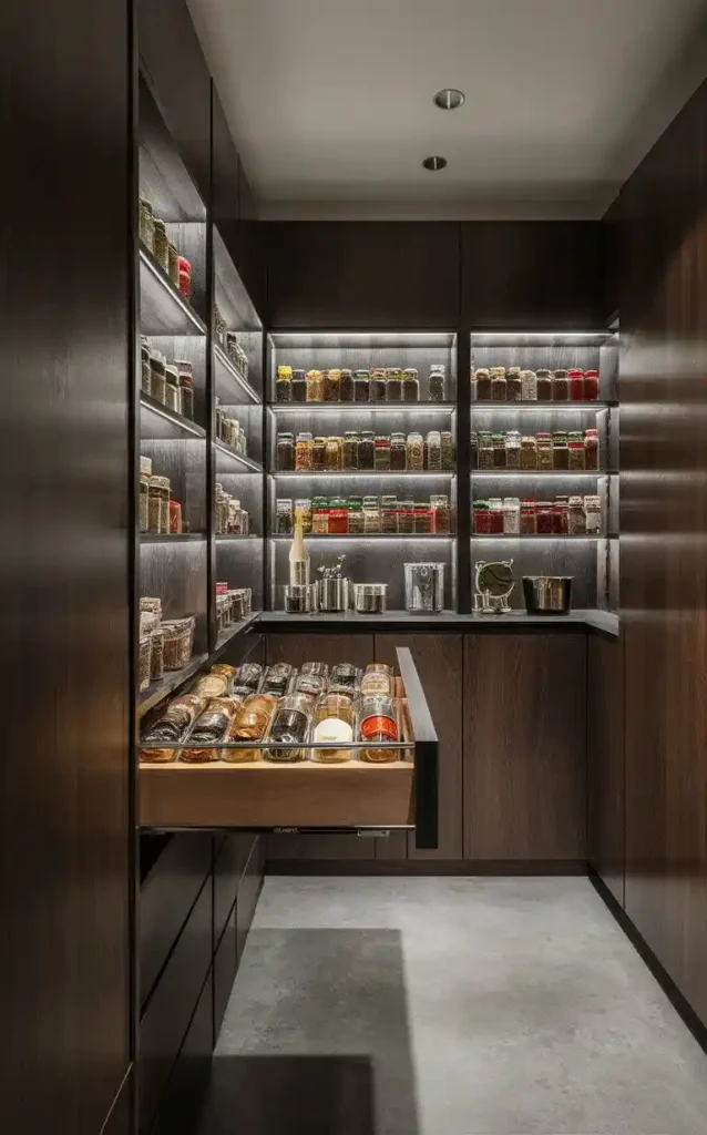 Spice drawer with organized jars for compact pantry storage.