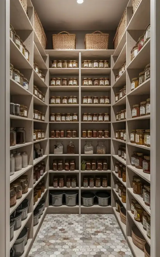 Utilize tall shelving in your pantry to maximize storage and organize jars effectively.