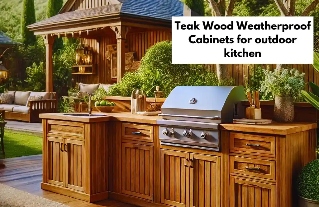 Teak wood weatherproof cabinets in a stylish outdoor kitchen with a stainless steel grill, blending durability with natural aesthetics.