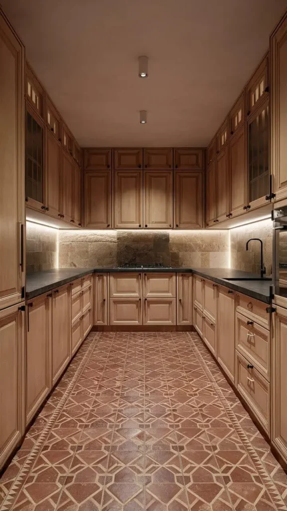 Warm terracotta kitchen with wooden cabinets and stone accents.