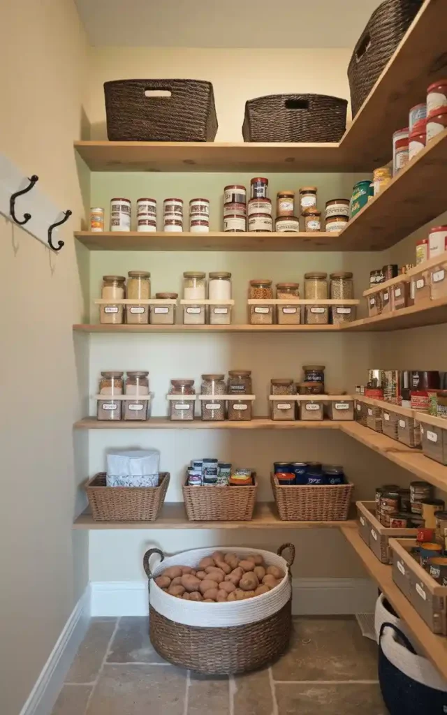 Pantry with tiered shelving maximizing vertical space for jars and containers.