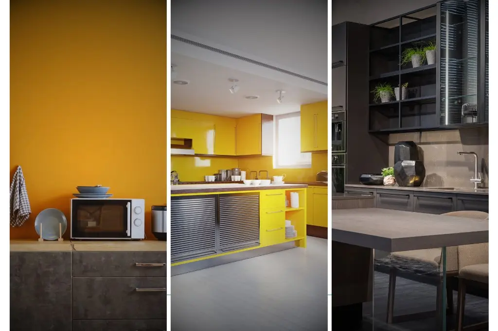 Three modern kitchen designs featuring a bright yellow kitchen, an orange wall, and a sleek dark kitchen.