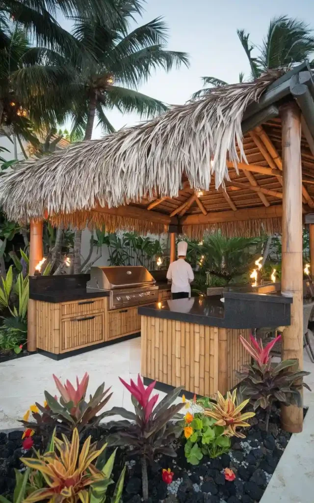 A tropical outdoor kitchen with bamboo cabinetry, a grill, and a thatched roof, surrounded by lush vegetation.