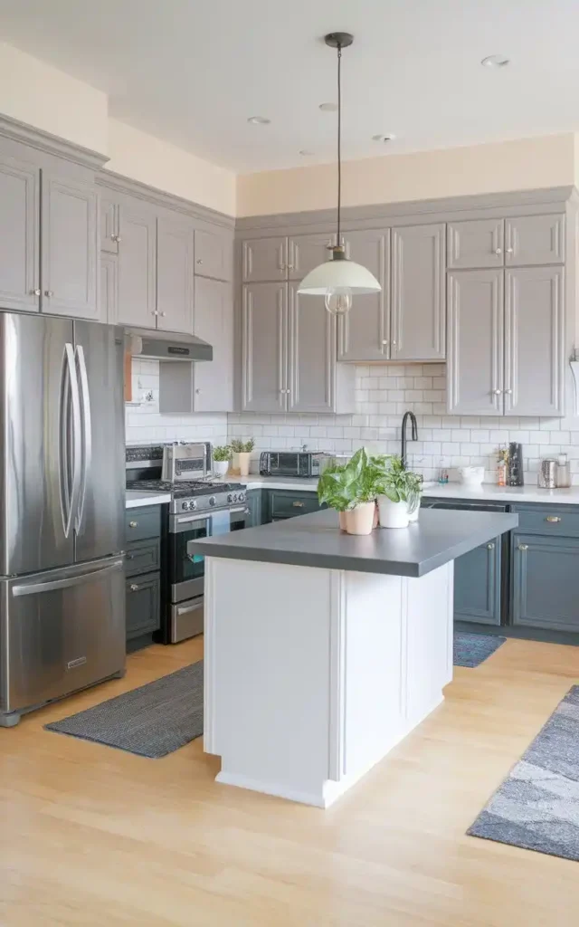 kitchen with two-tone grey cabinets and white island for depth