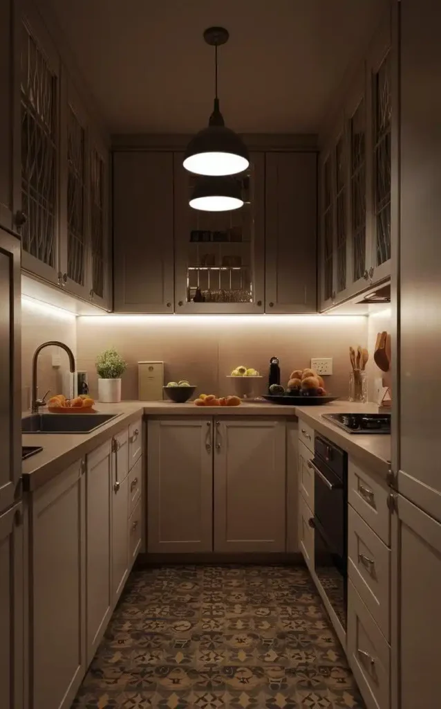 A cozy kitchen with under-cabinet lighting, modern appliances, and decorative tiles.