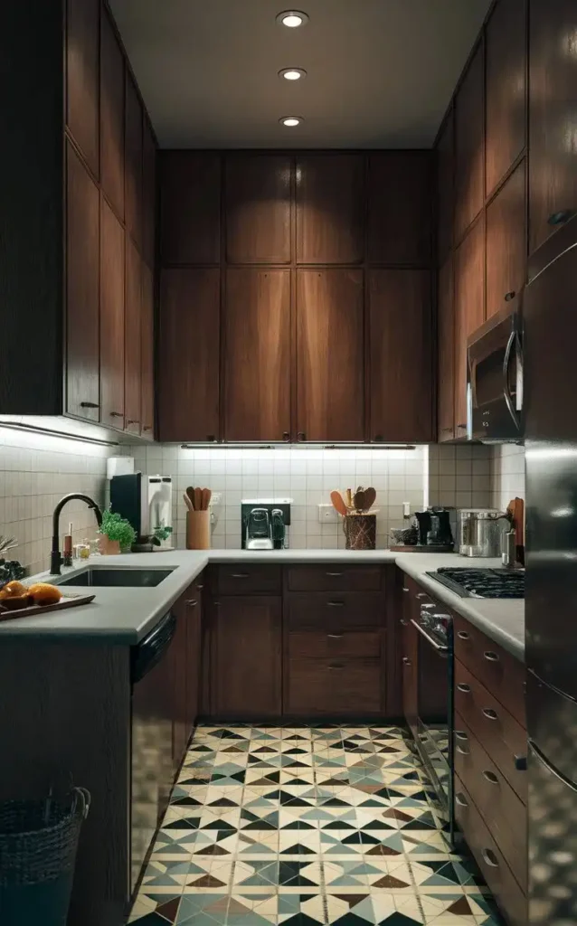 A modern kitchen featuring vertical storage solutions with wooden cabinets and a patterned floor.