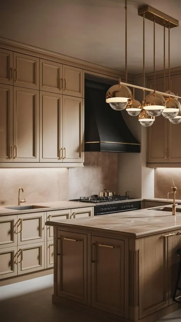 Warm beige kitchen with gold accents and modern lighting.